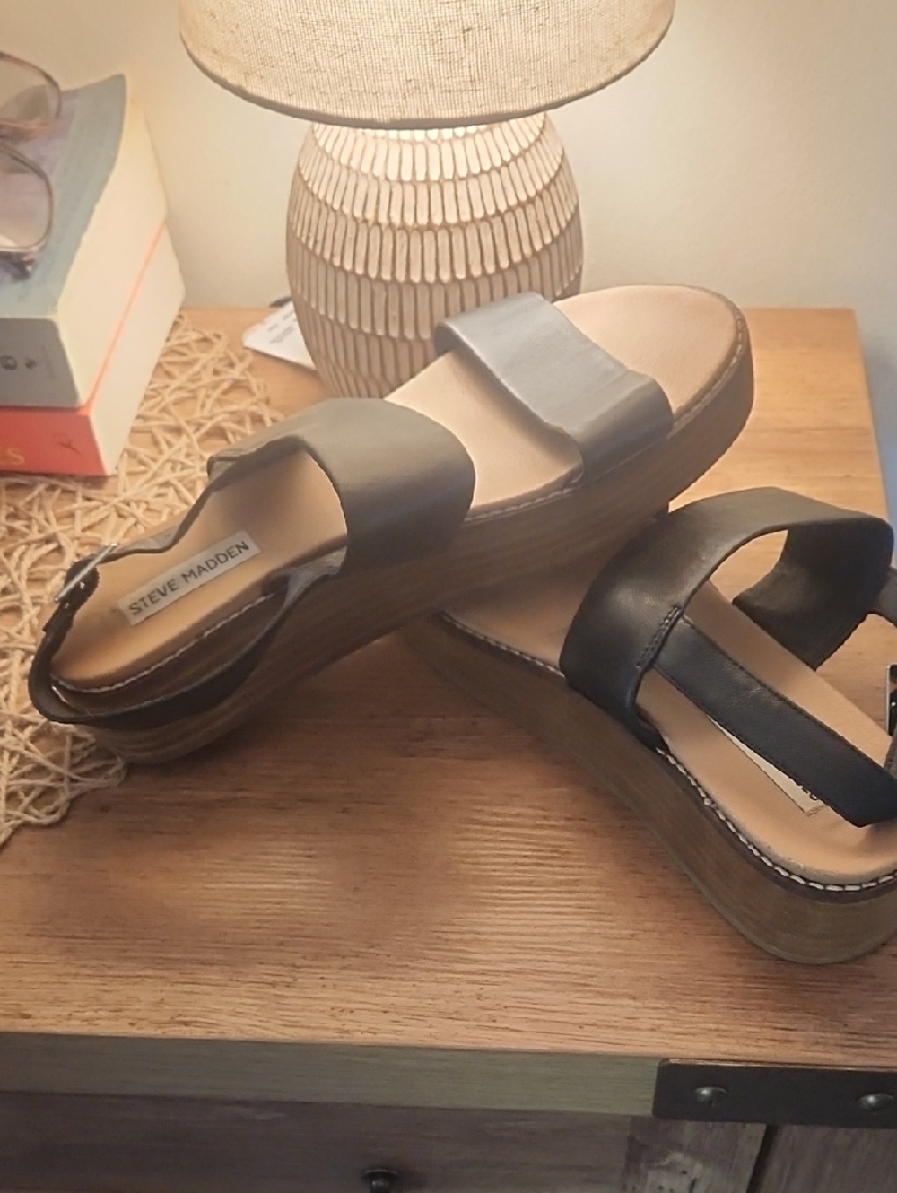 Steve‎ Madden Black Leather Platform Slide Sandals